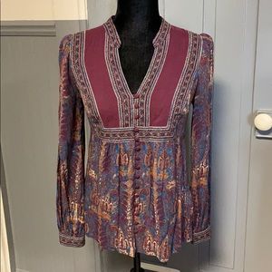 Lucky Brand Printed Button Front V-Neck Blouse